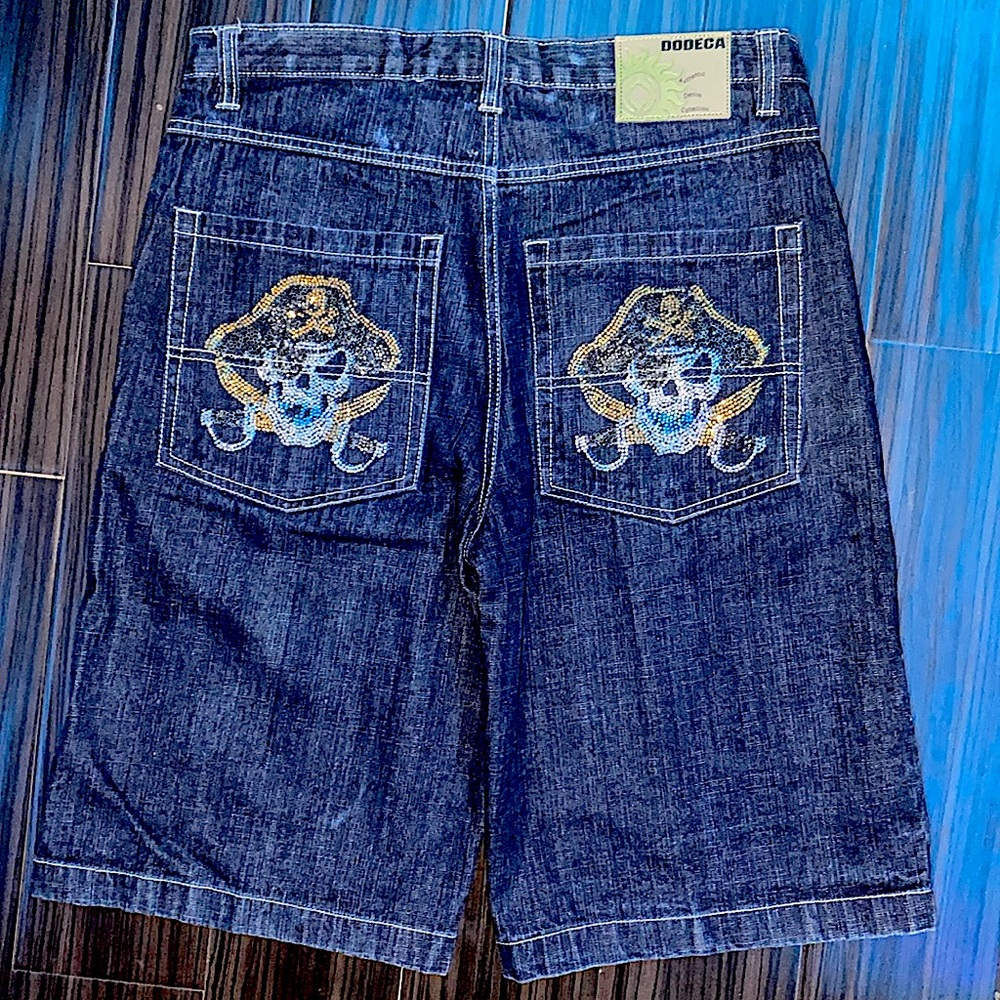 Dodeca Bedazzled Pirate pocket design Baggy Jean shorts